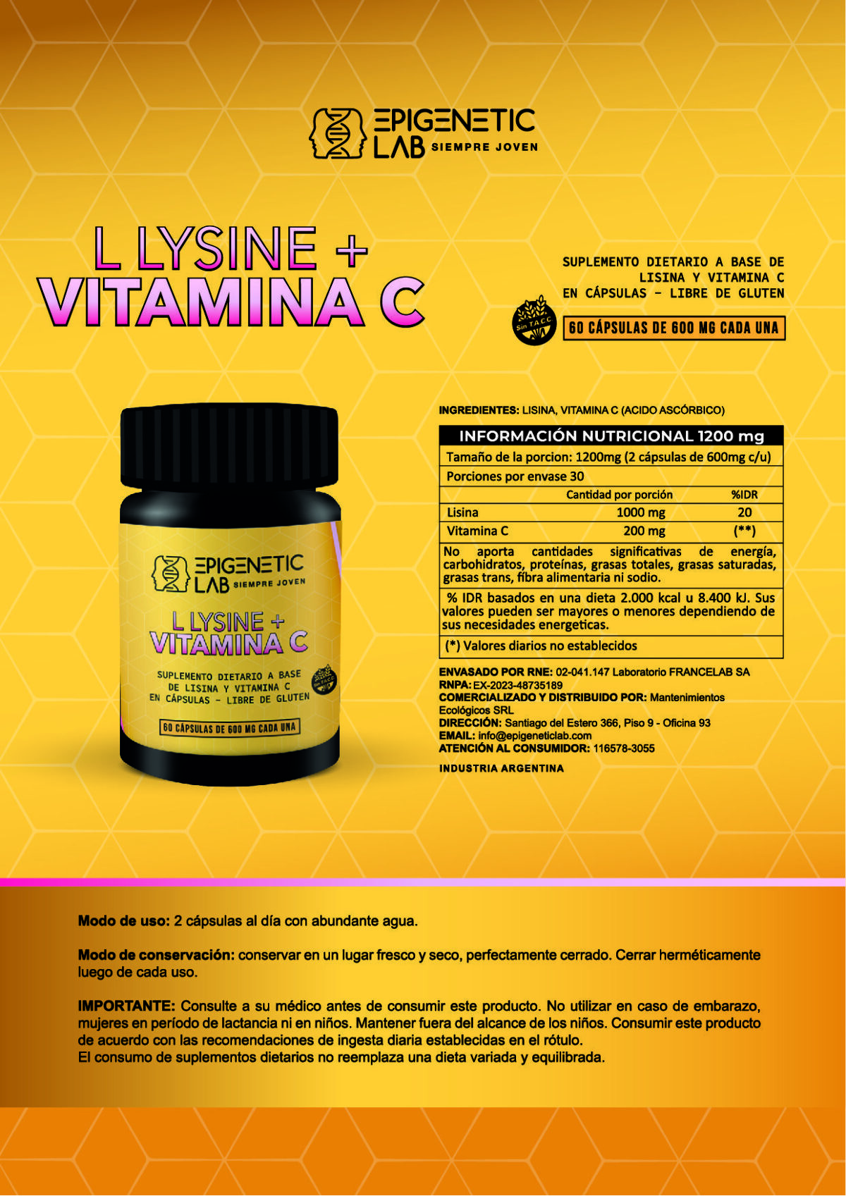 L LYSINE + VITAMINA C x 60 capsulas de 600 mg SIN TACC - Image 5