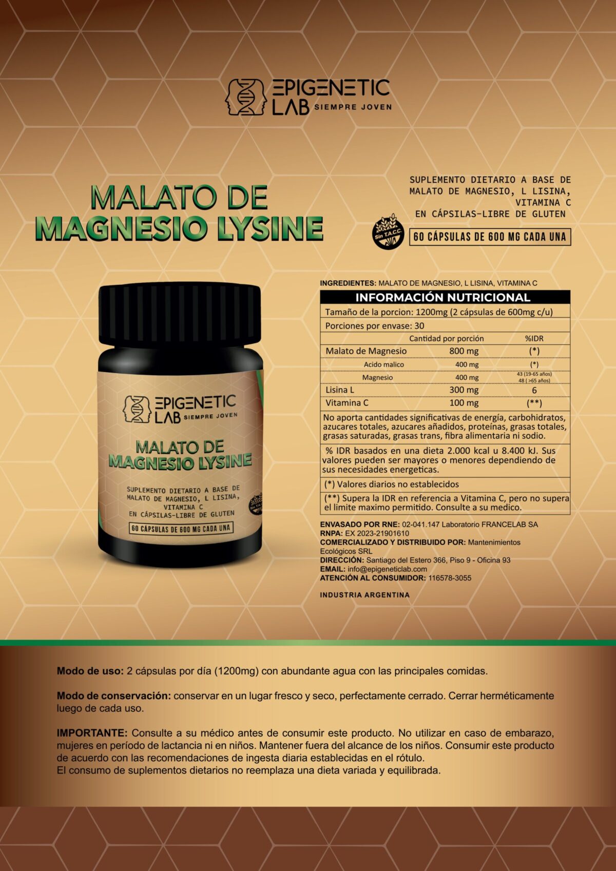 MALATO DE MAGNESIO LYSINE X 60 CAPSULAS DE 600 MG SIN TACC X 6 UNIDADES - Image 6