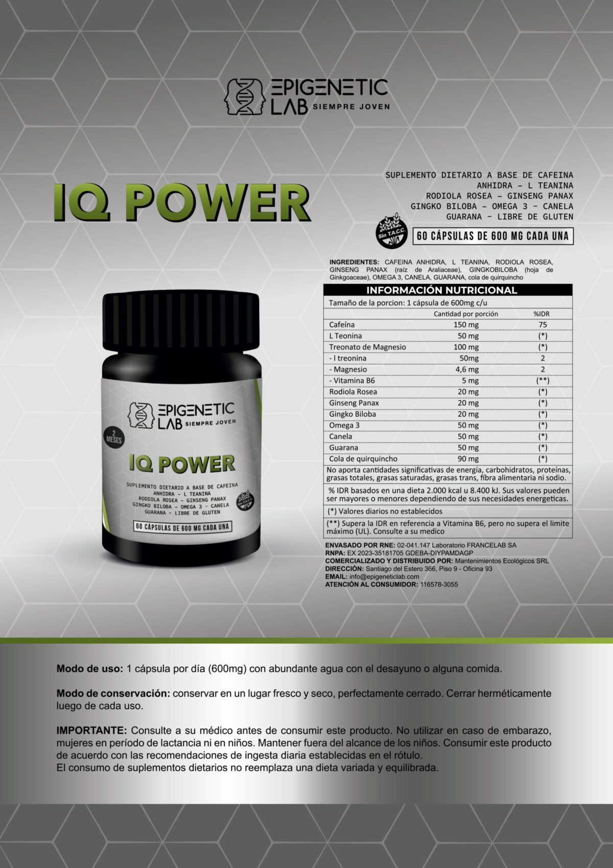IQ POWER NEUROTRANSMISOR POTENCIA LA CONCENTRACION X 60 CAPSULAS DE 600 MG SIN TACC - Image 5