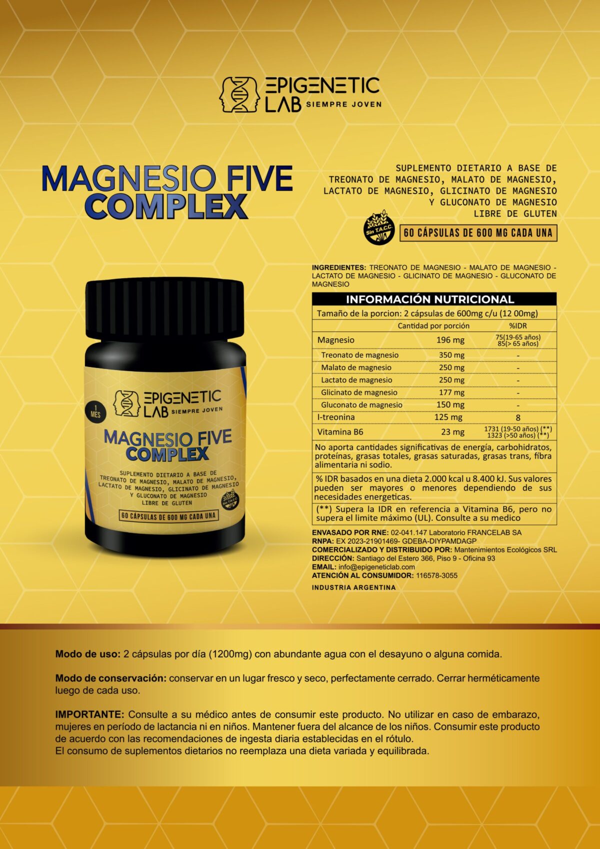 MAGNESIO FIVE COMPLEX X 60 CAPSULAS DE 600 MG SIN TACC - Image 5