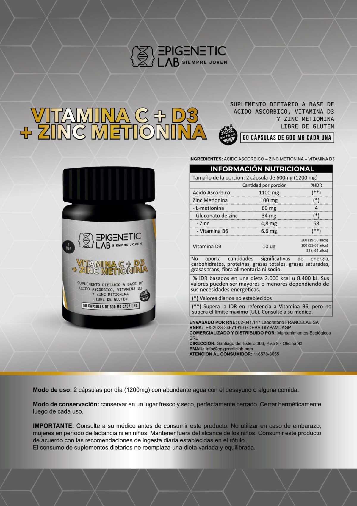 VITAMINA C+VITAMINA D3+ZINC METIONINA x 60 CAPSULAS DE 600 MG SIN TACC - Image 5