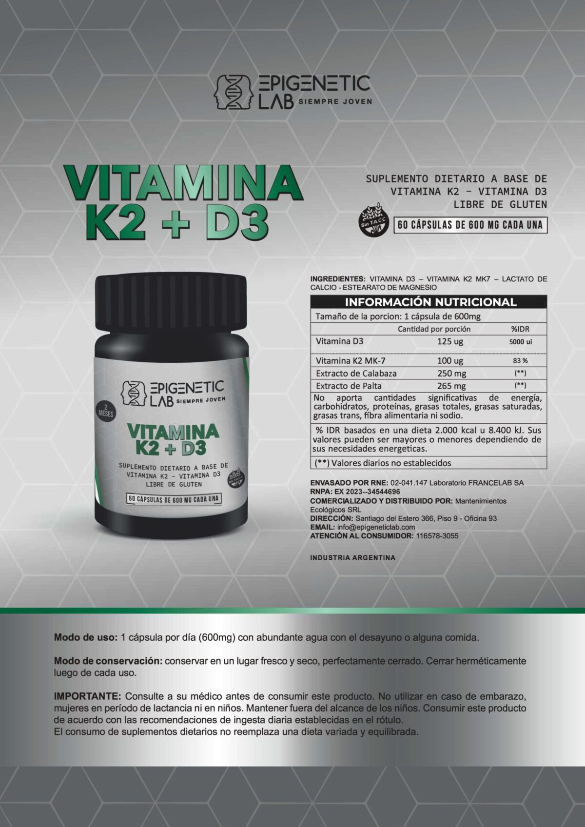 VITAMINA D3+ K2 X 60 CAPSULAS DE 600 MG SIN TACC - Image 6