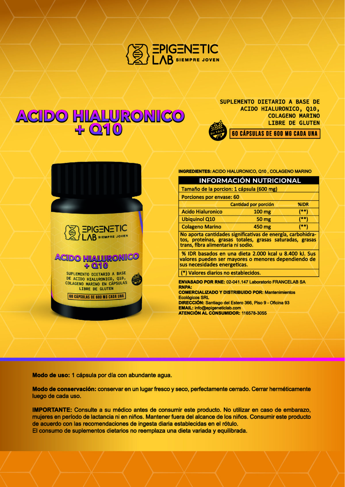 ACIDO HIALURONICO + Q10 + COLAGENO MARINO T II X 60 CAPSULAS DE 600 MG SIN TACC - Image 5