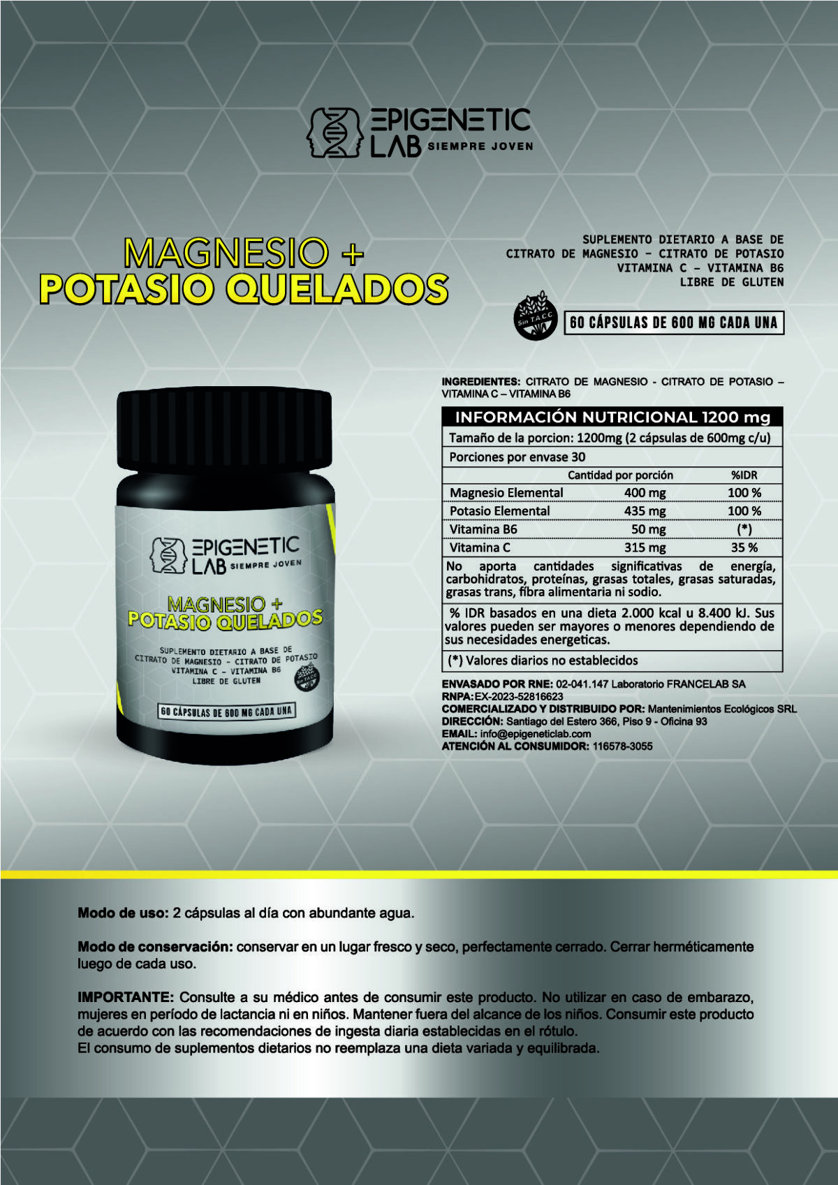 CITRATO DEMAGNESIO + CITRATO DE POTASIO QUELADOS X 60 CAPSULAS DE 600 MG SIN TACC - Image 5