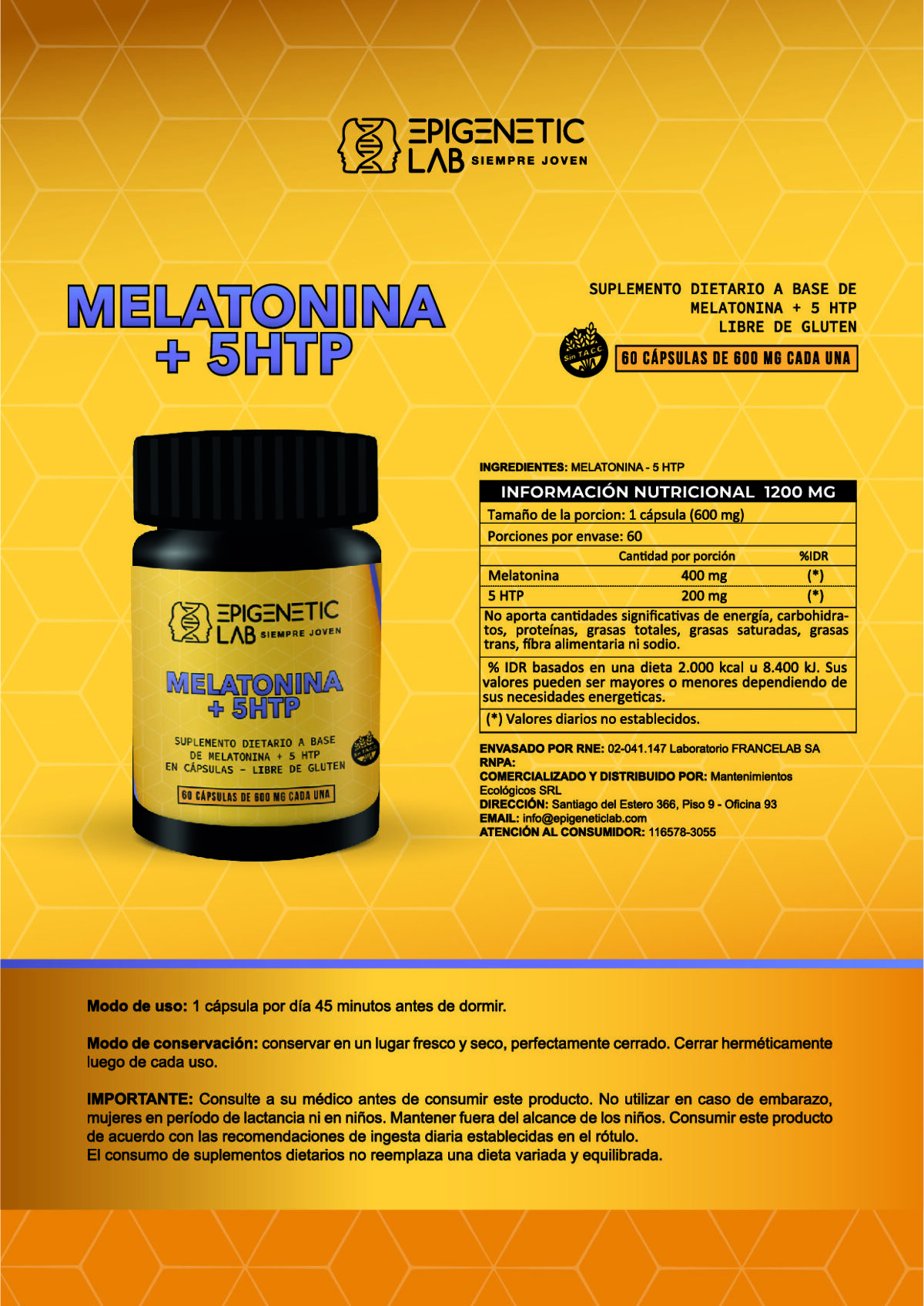 MELATONINA + 5 HTP X 60 CAPSULAS DE 600 MG SIN TACC - Image 2