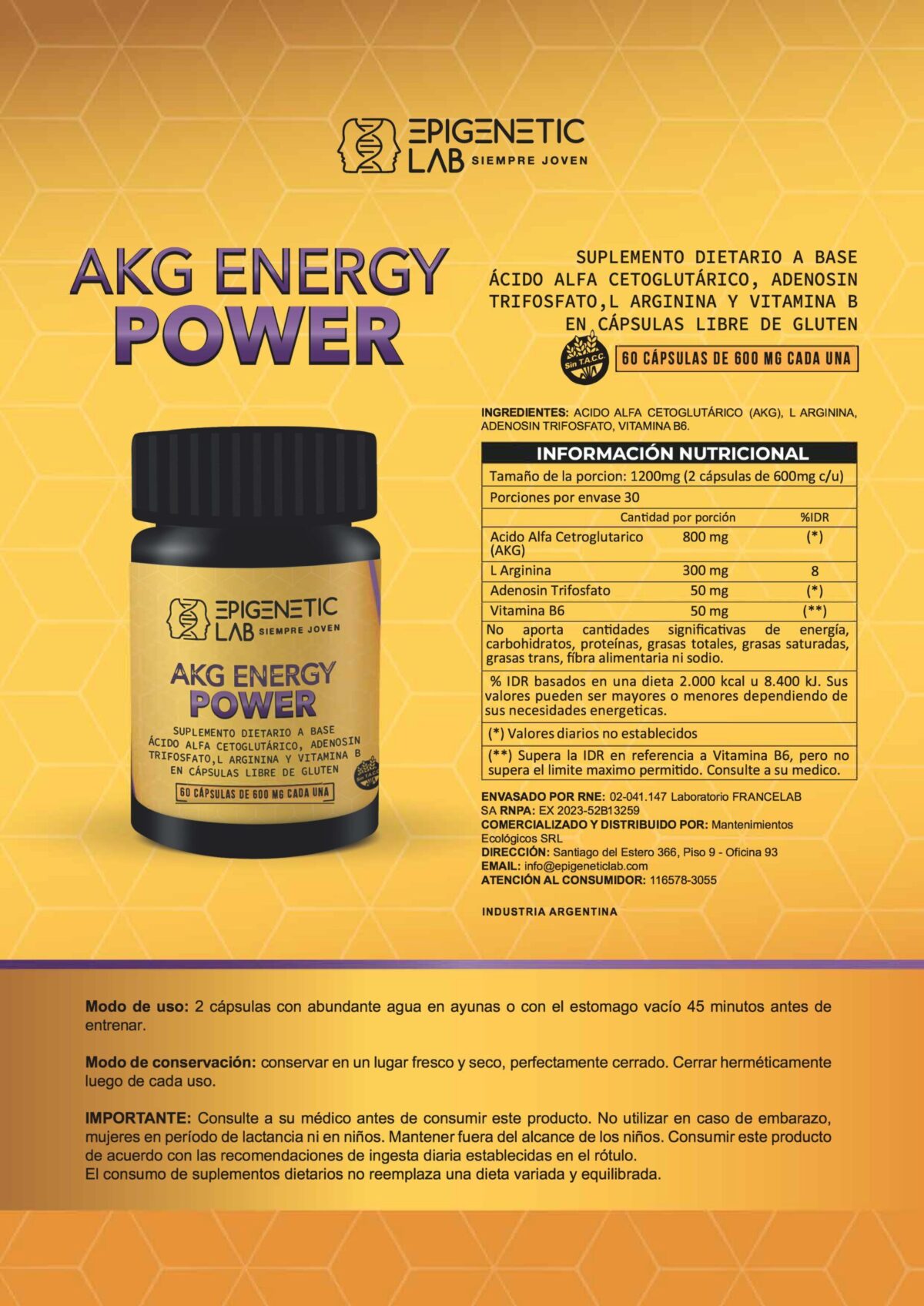 AKG ENERGY POWER X 60 CAPSULAS DE 600 MG SIN TACC - Image 3