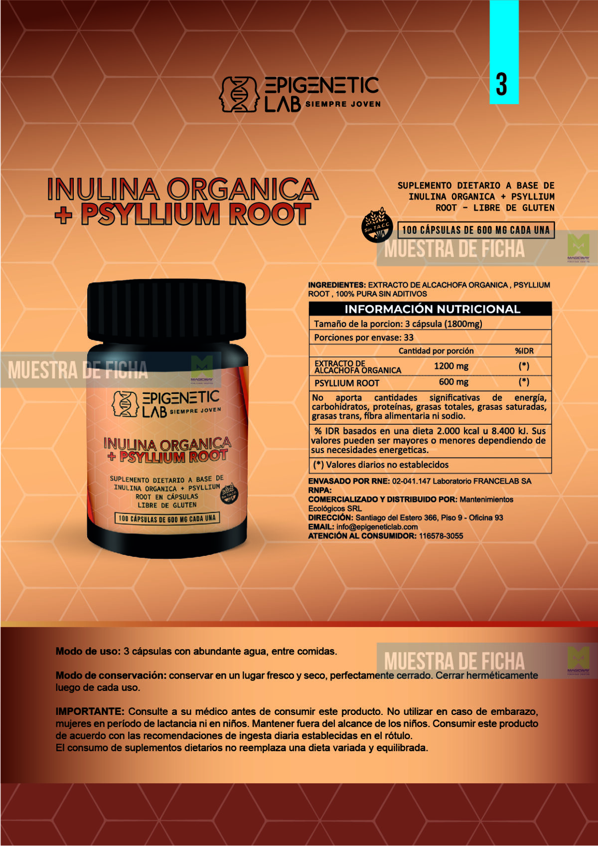 INULINA ORGANICA +PSYLLIUM ROOT PREBIOTIC OPTIMIZER X 60 CAPSULAS DE 600 MG SIN TACC - Image 5
