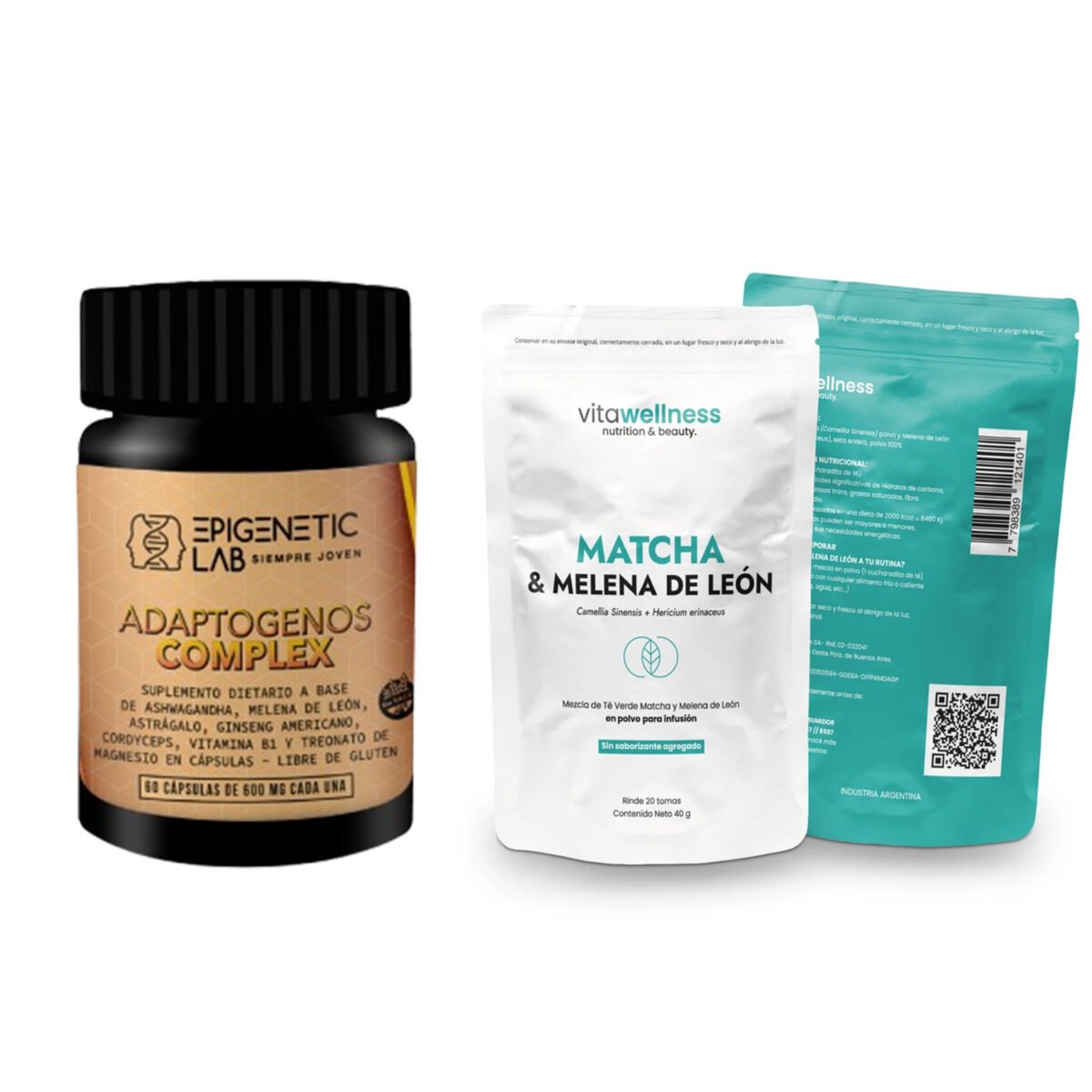 ADAPTOGENOS COMPLEX X 60 CAPSULAS DE 600 MG SIN TACC + TE MATCHA + MELENA DE LEON X 40 GRAMOS